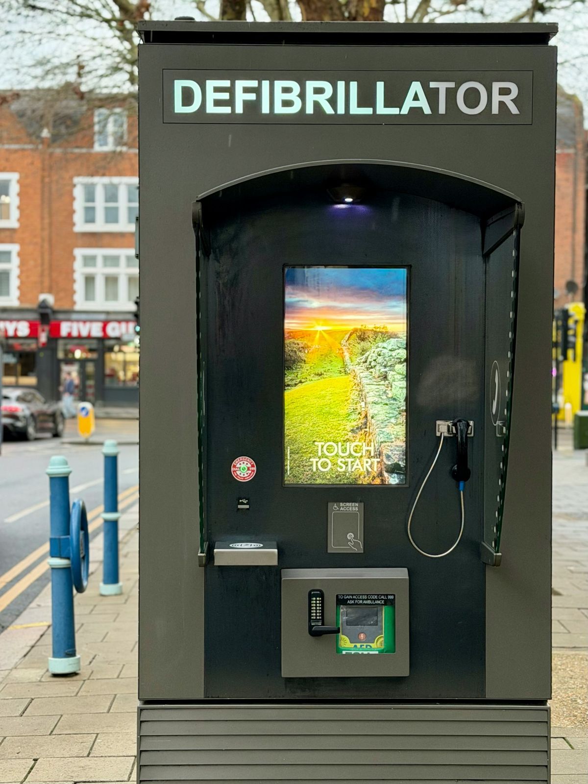 Public defibrillator unit on a street